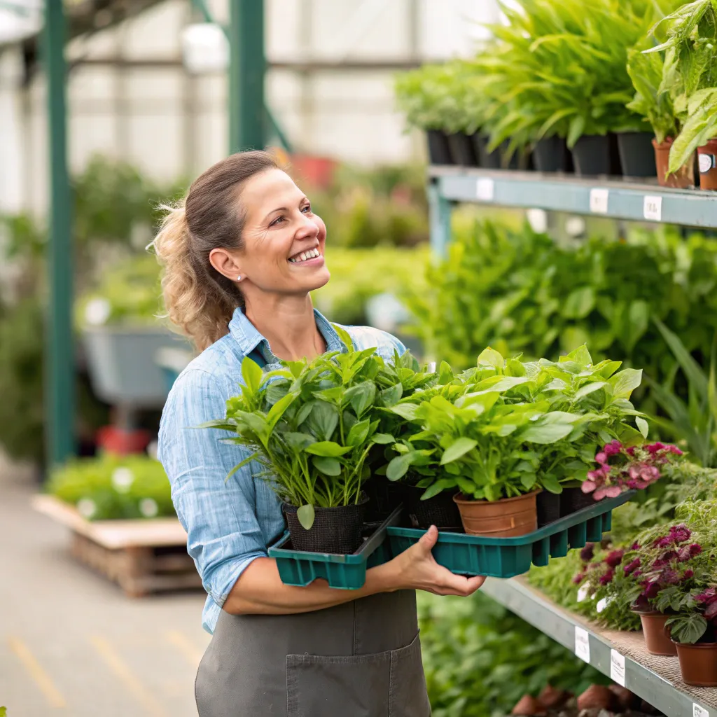 Customer with lush plants from the garden center